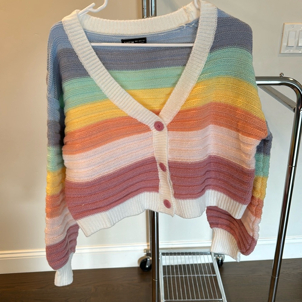 Button-up long sleeve crop sweater.Multi color.Never worn.Brand New.Color block.